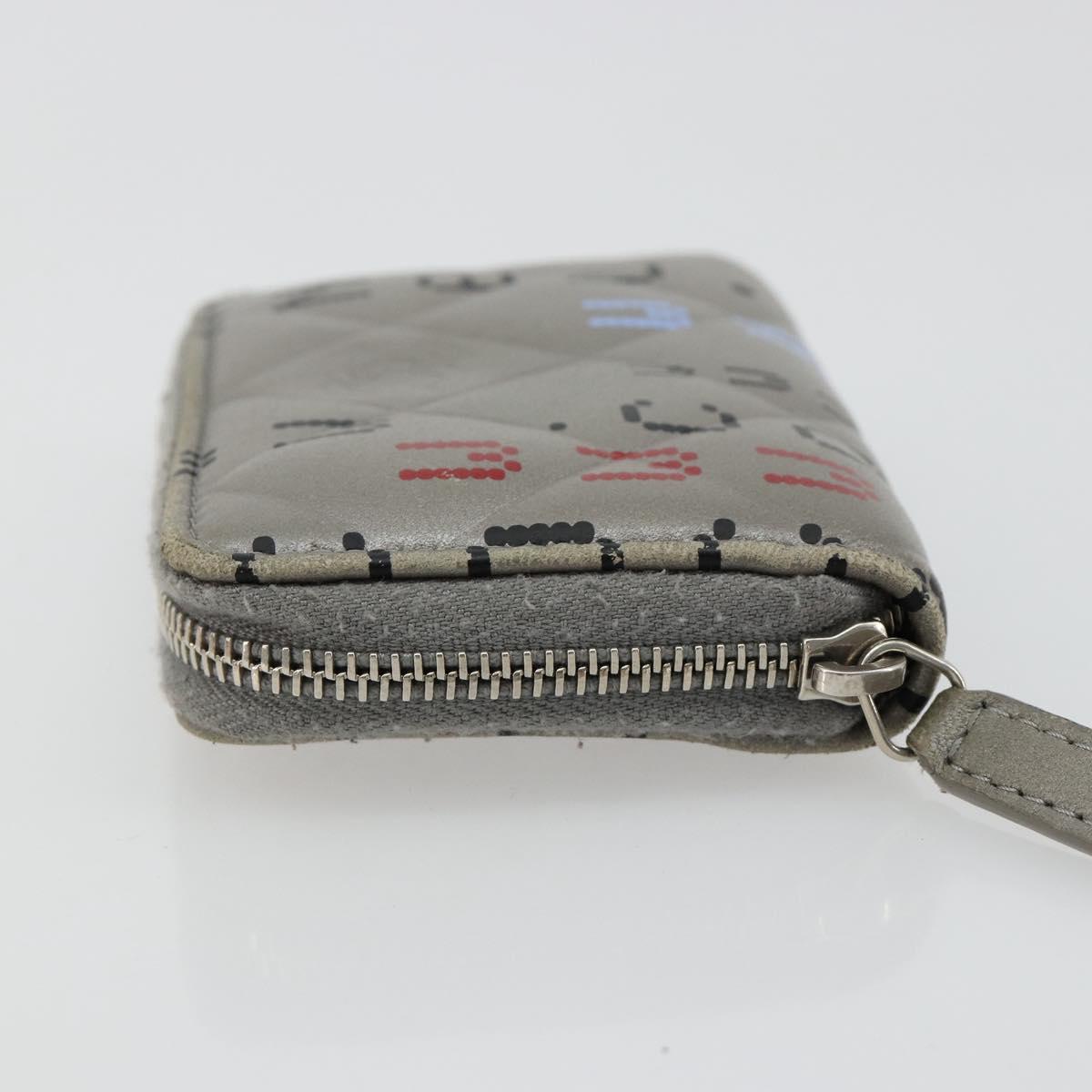 CHANEL Matelasse Typography Coin Purse Lamb Skin Gray Silver CC Auth 184786A