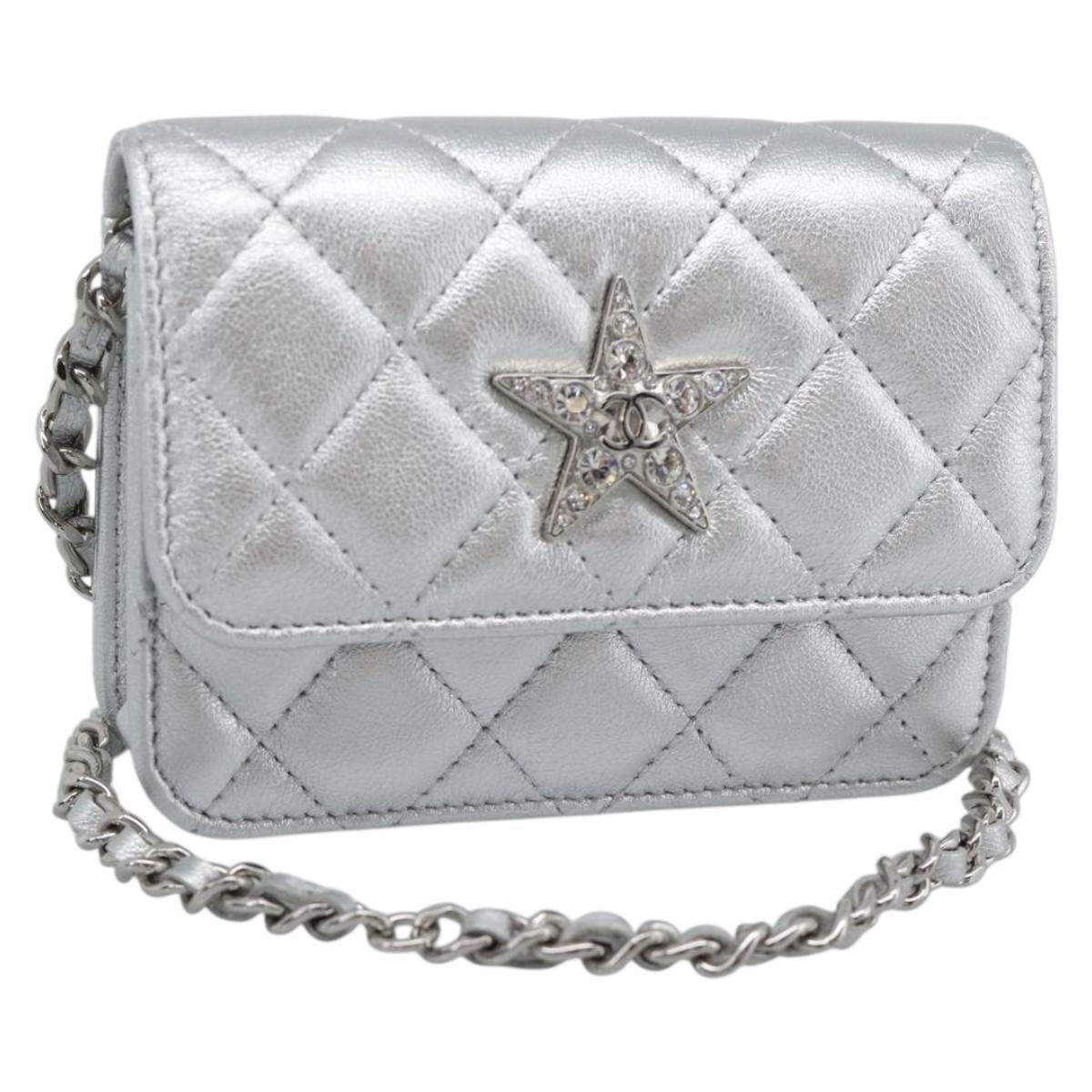 CHANEL Matelasse Chain Shoulder Bag Lamb Skin Silver CC Auth 184788SAM