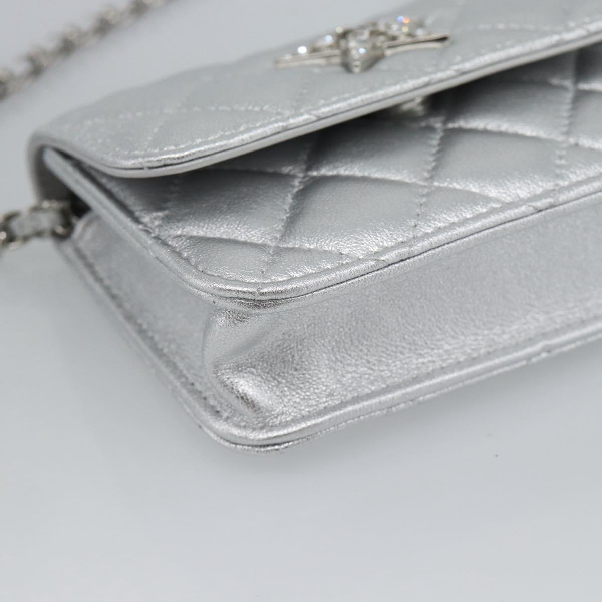 CHANEL Matelasse Chain Shoulder Bag Lamb Skin Silver CC Auth 184788SAM