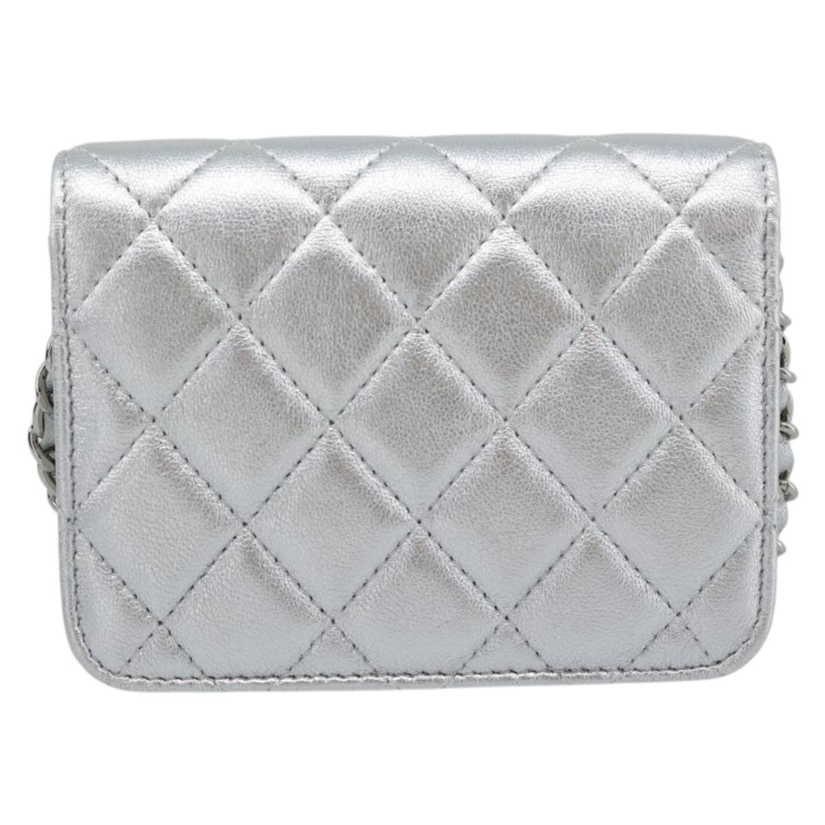 CHANEL Matelasse Chain Shoulder Bag Lamb Skin Silver CC Auth 184788SAM