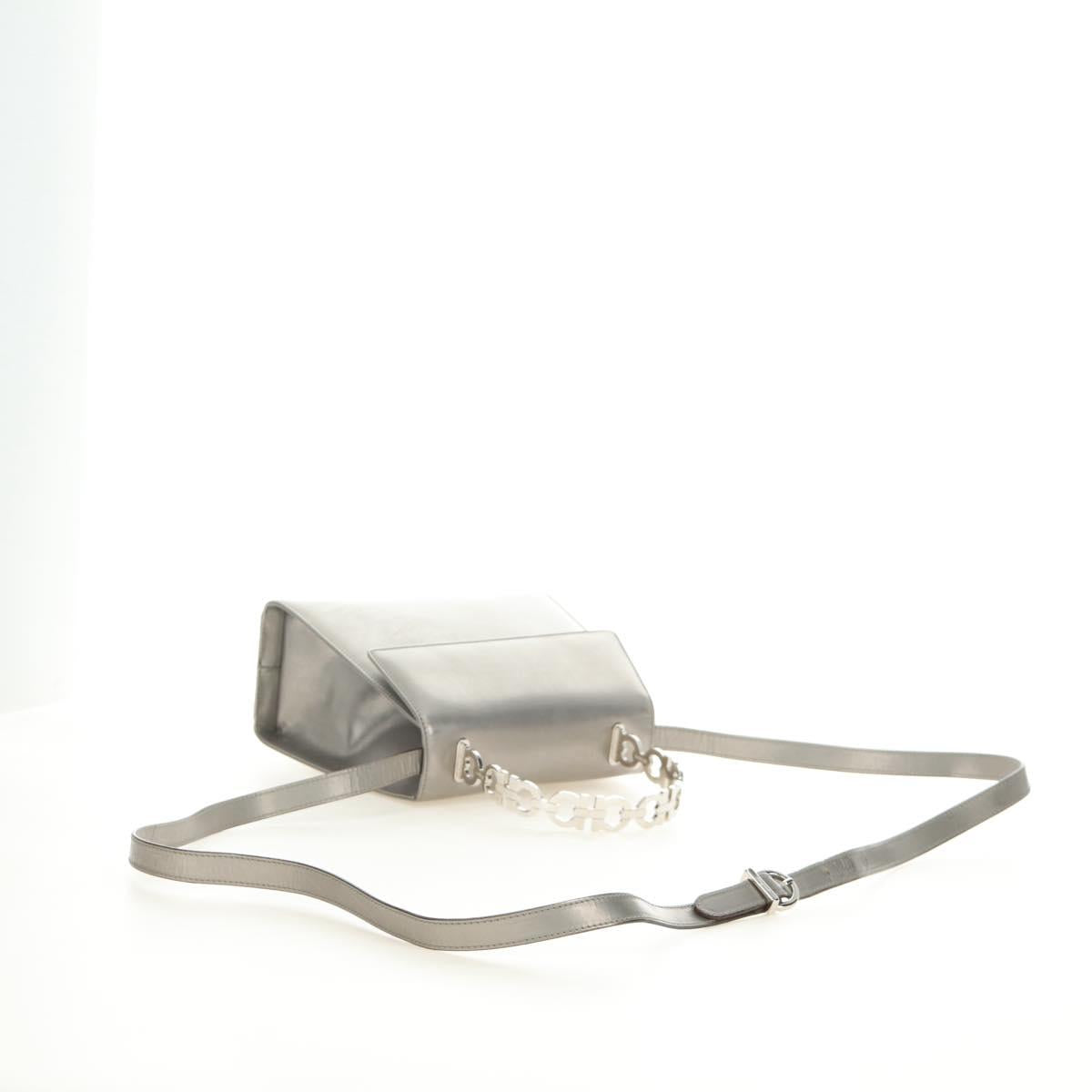 Salvatore Ferragamo Gancini Hand Bag Patent leather 2way Silver Auth 184795V