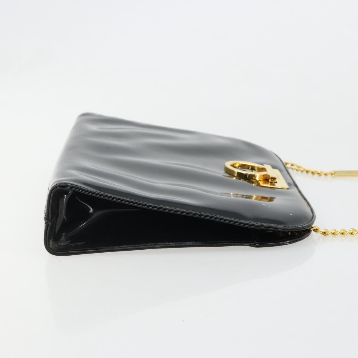 Salvatore Ferragamo Gancini Chain Bag Patent leather Black Gold Auth 184797