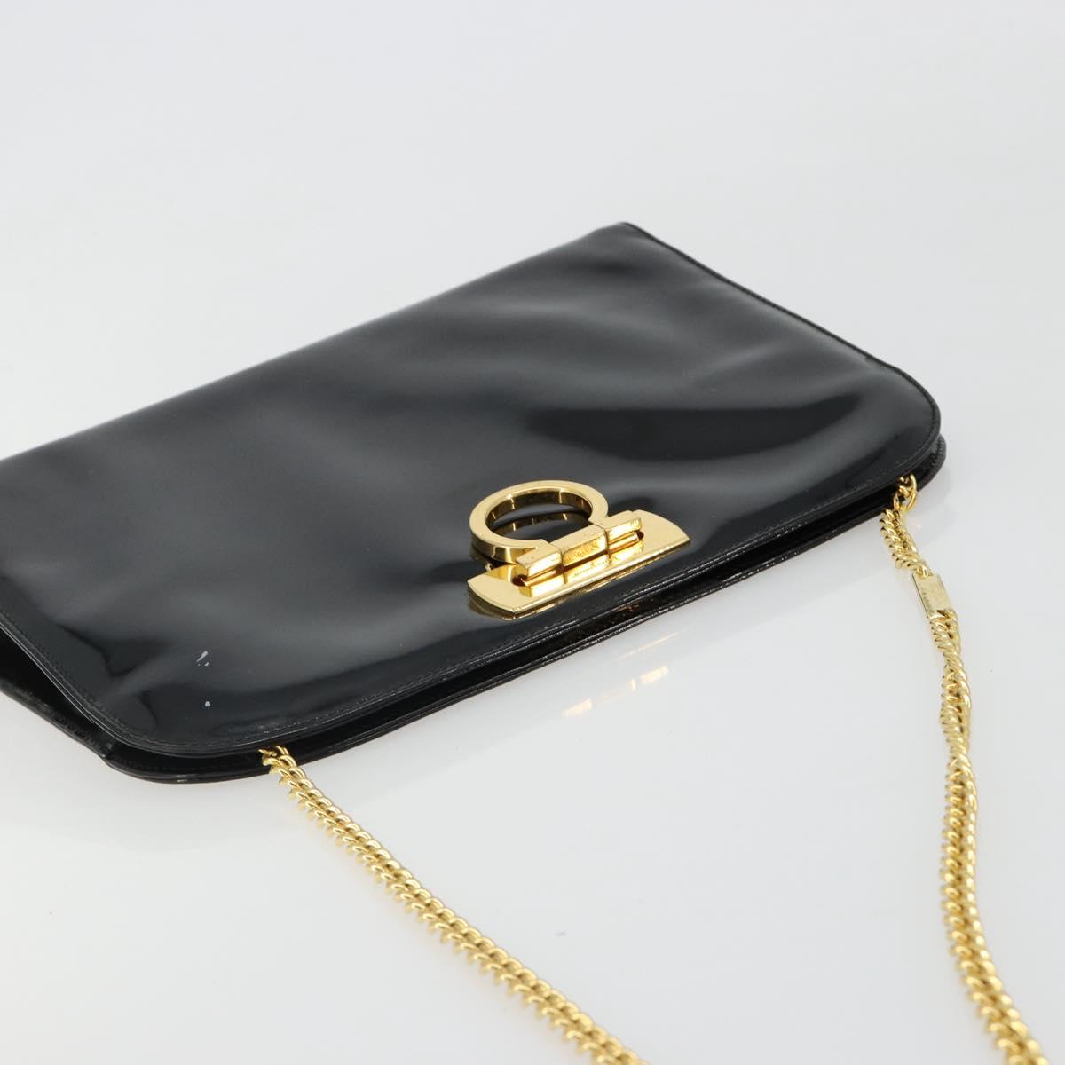 Salvatore Ferragamo Gancini Chain Bag Patent leather Black Gold Auth 184797