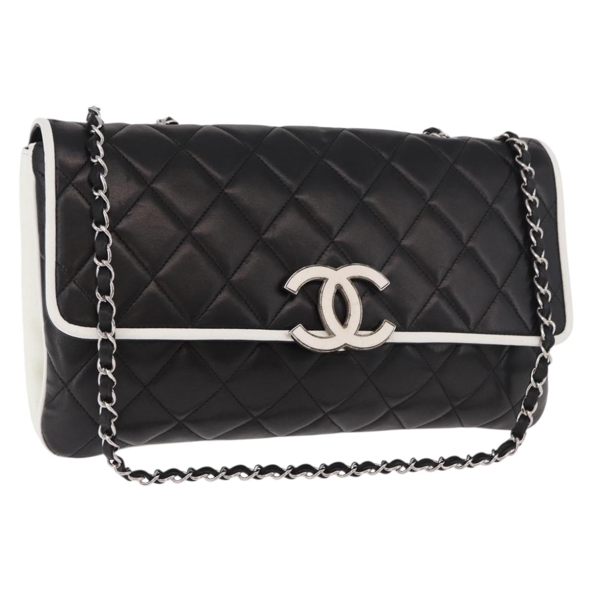 CHANEL Chain Matelasse Shoulder Bag Lamb Skin Black Silver CC Auth 184814SAV