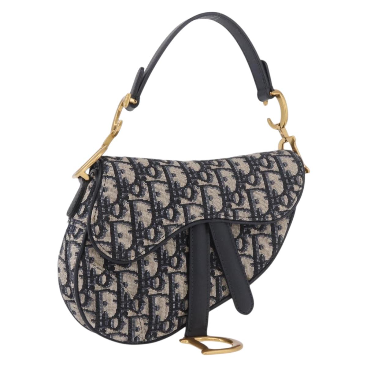 Christian Dior Trotter Canvas Saddle Shoulder Bag Navy Gold Auth 184816SAM