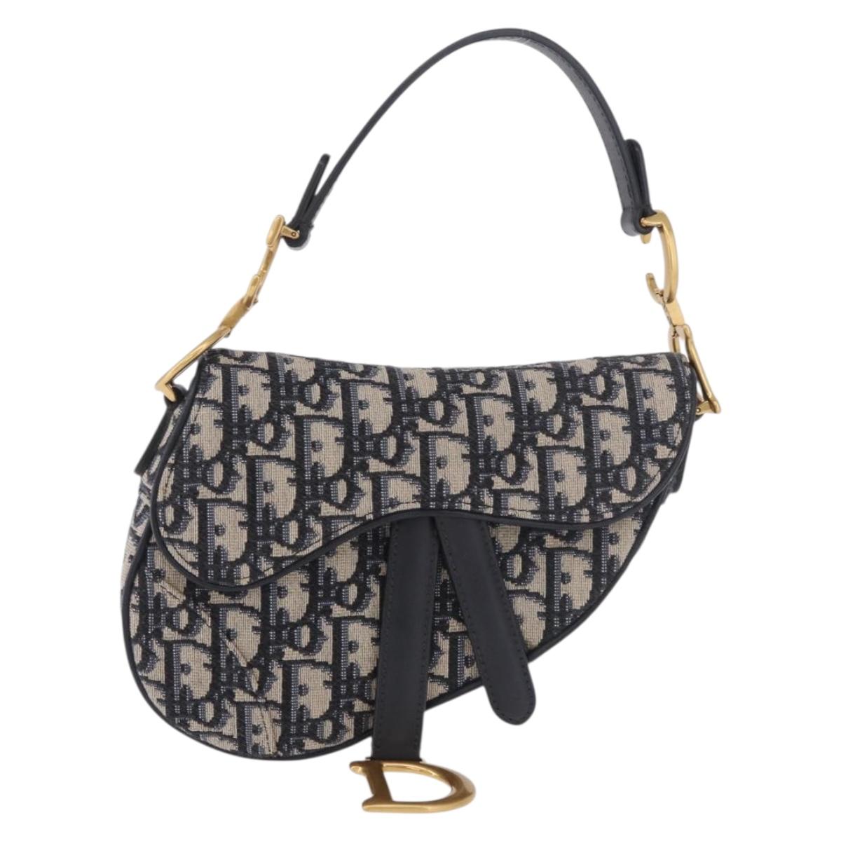 Christian Dior Trotter Canvas Saddle Shoulder Bag Navy Gold Auth 184816SAM