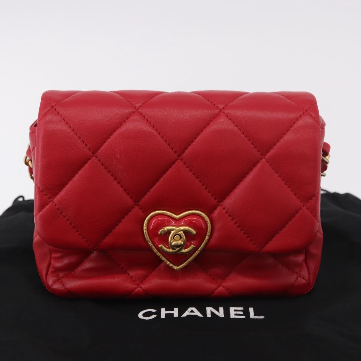 CHANEL Mini Matelasse 17 Chain Shoulder Bag Lamb Skin Red Gold CC Auth 184820SM