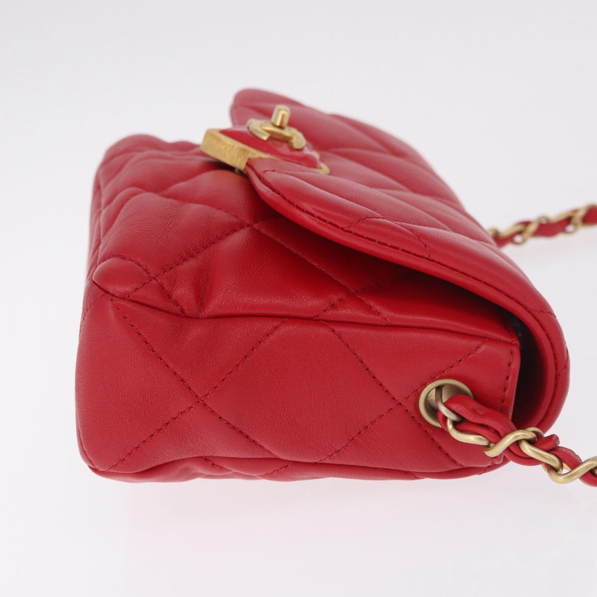 CHANEL Mini Matelasse 17 Chain Shoulder Bag Lamb Skin Red Gold CC Auth 184820SM