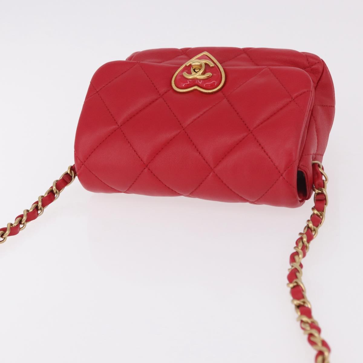 CHANEL Mini Matelasse 17 Chain Shoulder Bag Lamb Skin Red Gold CC Auth 184820SM