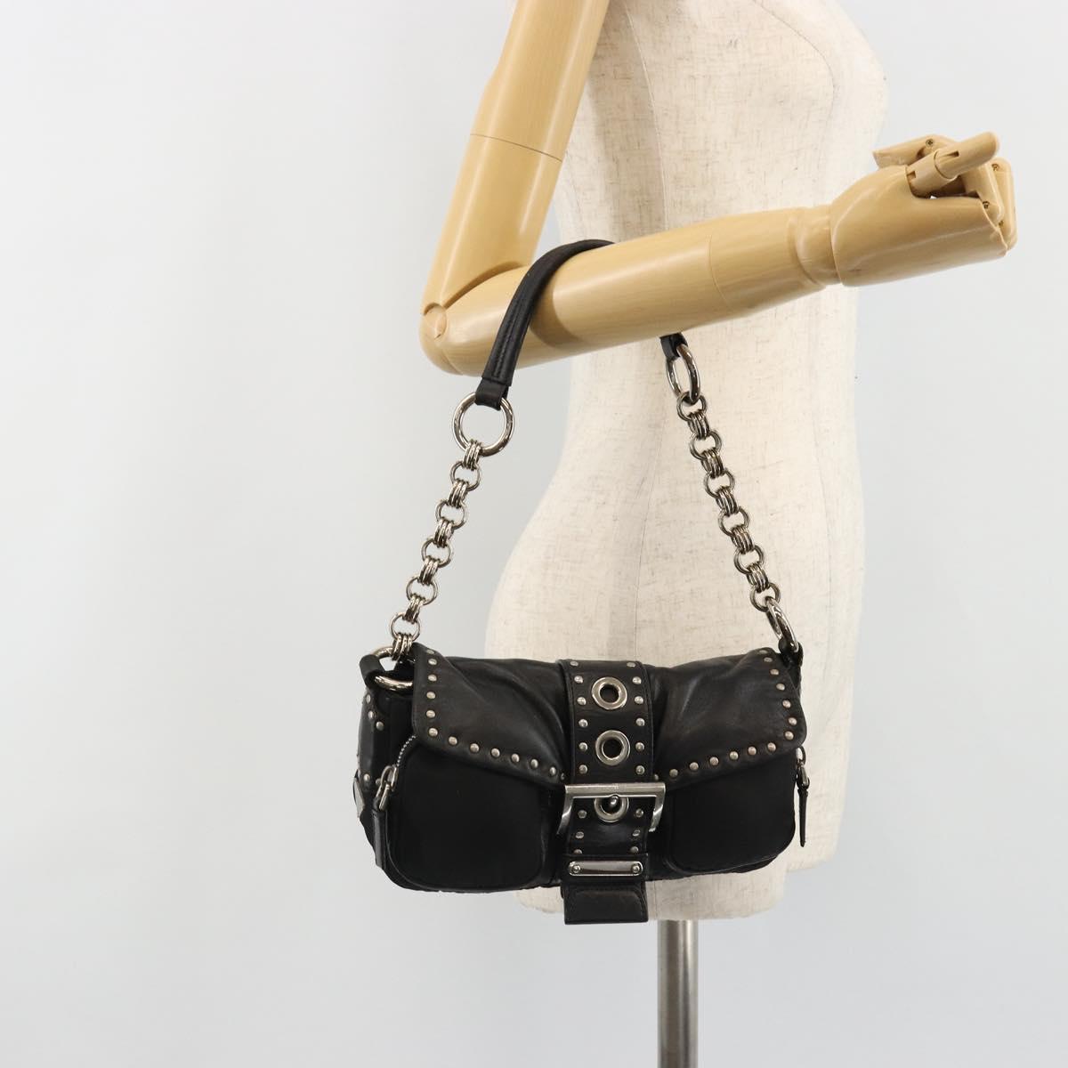 PRADA Chain Shoulder Bag Leather Black Silver Auth 184821V