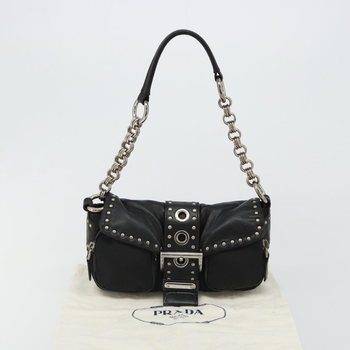 PRADA Chain Shoulder Bag Leather Black Silver Auth 184821V