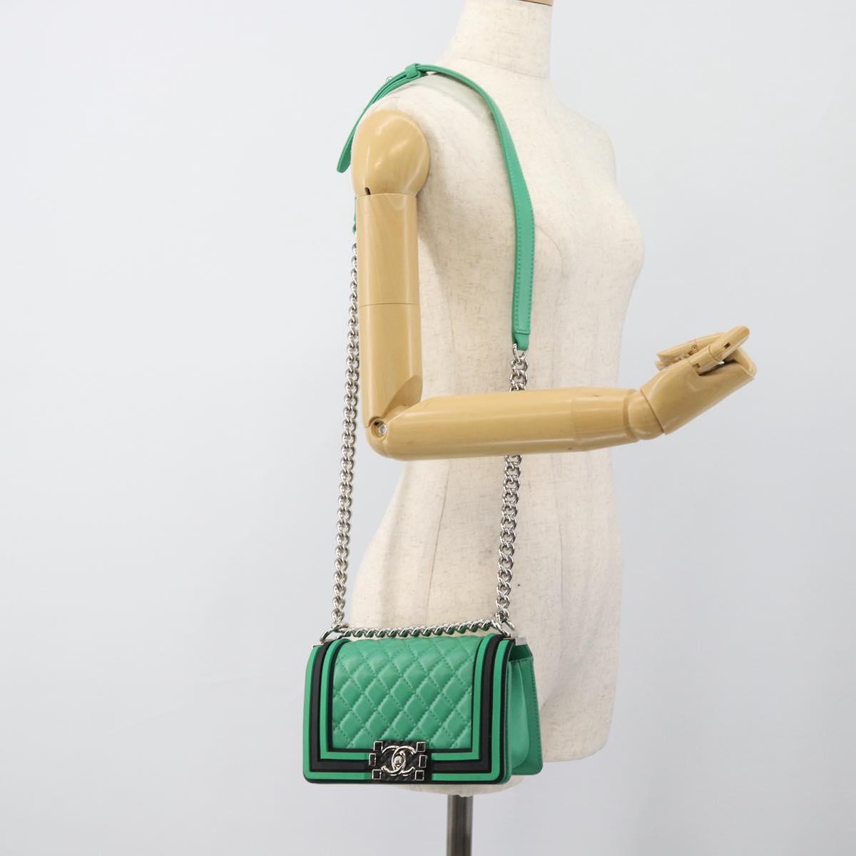 CHANEL Chain Matelasse Boy Chanel Bag Lamb Skin Green Silver CC Auth 184844SM