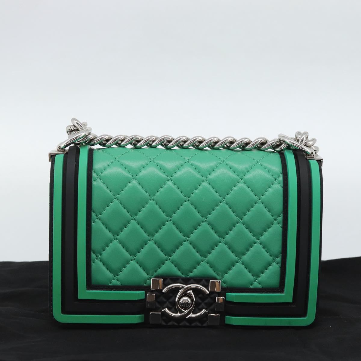 CHANEL Chain Matelasse Boy Chanel Bag Lamb Skin Green Silver CC Auth 184844SM