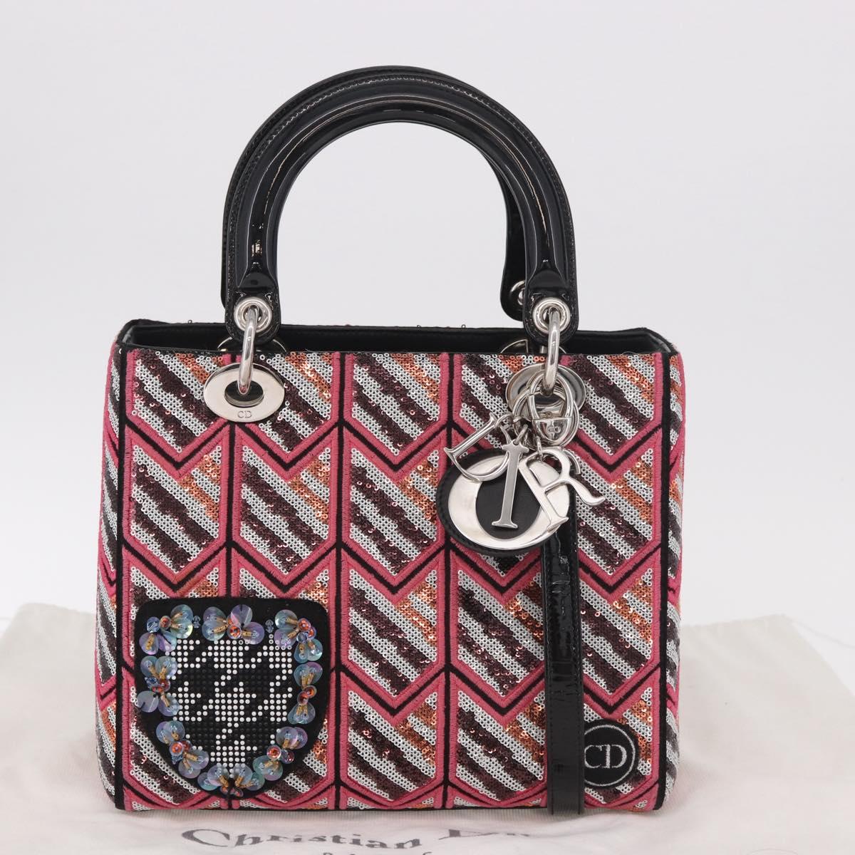 Christian Dior Canage Lady Dior Tote Bag Sequin 2way Pink Silver Auth 184845SM
