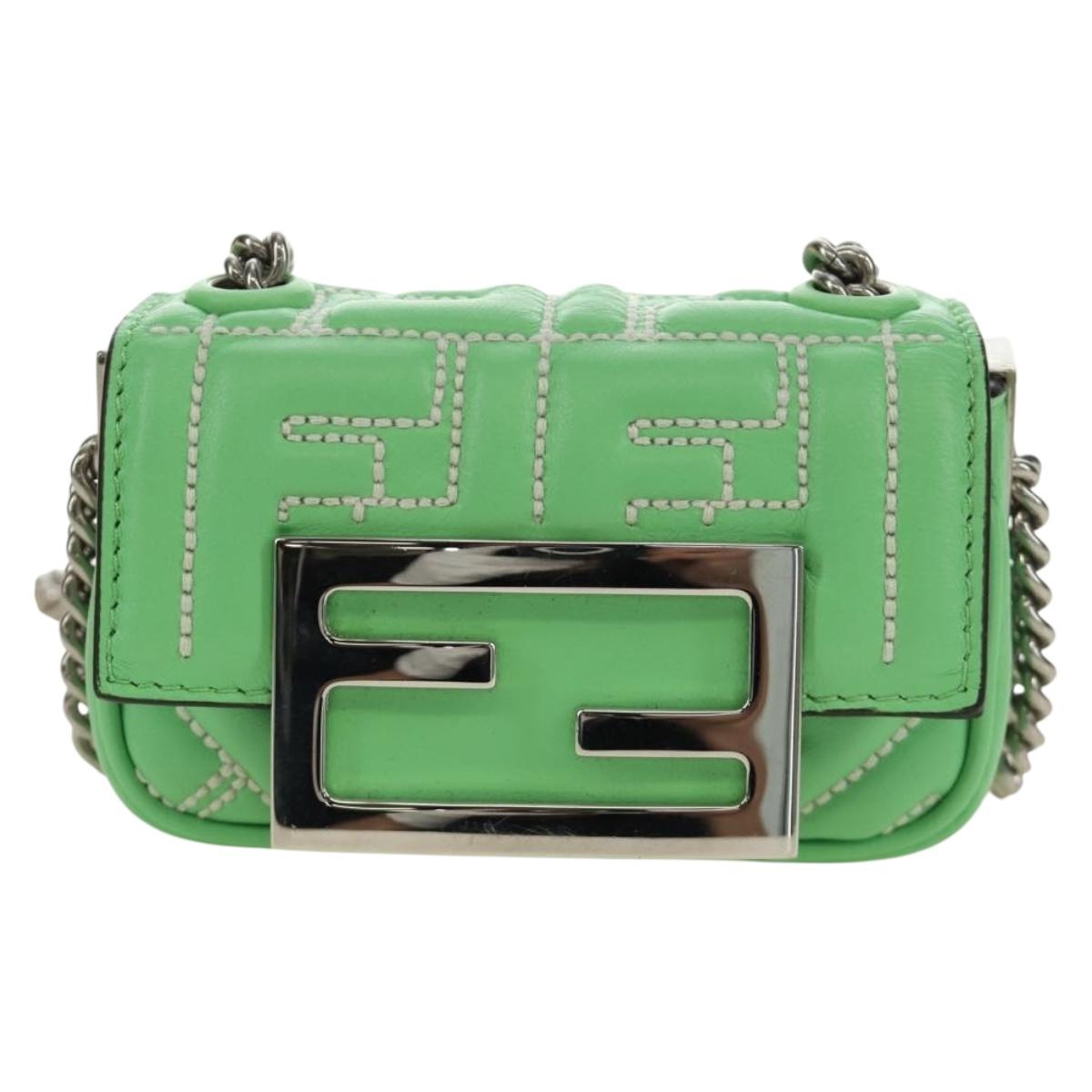 FENDI Nano Baguette Chain Shoulder Pouch Leather 2way green Auth 184863SAM