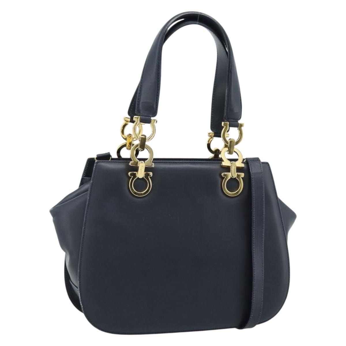 Salvatore Ferragamo Gancini Hand Bag Leather 2way Navy Gold Auth 184864V