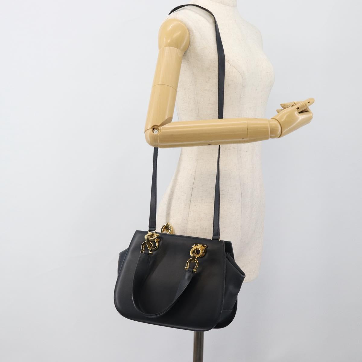 Salvatore Ferragamo Gancini Hand Bag Leather 2way Navy Gold Auth 184864V