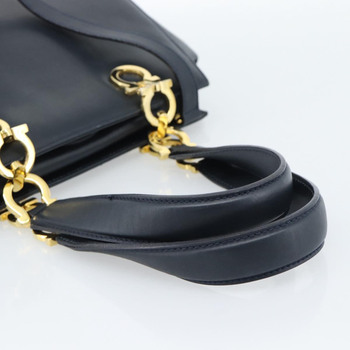 Salvatore Ferragamo Gancini Hand Bag Leather 2way Navy Gold Auth 184864V