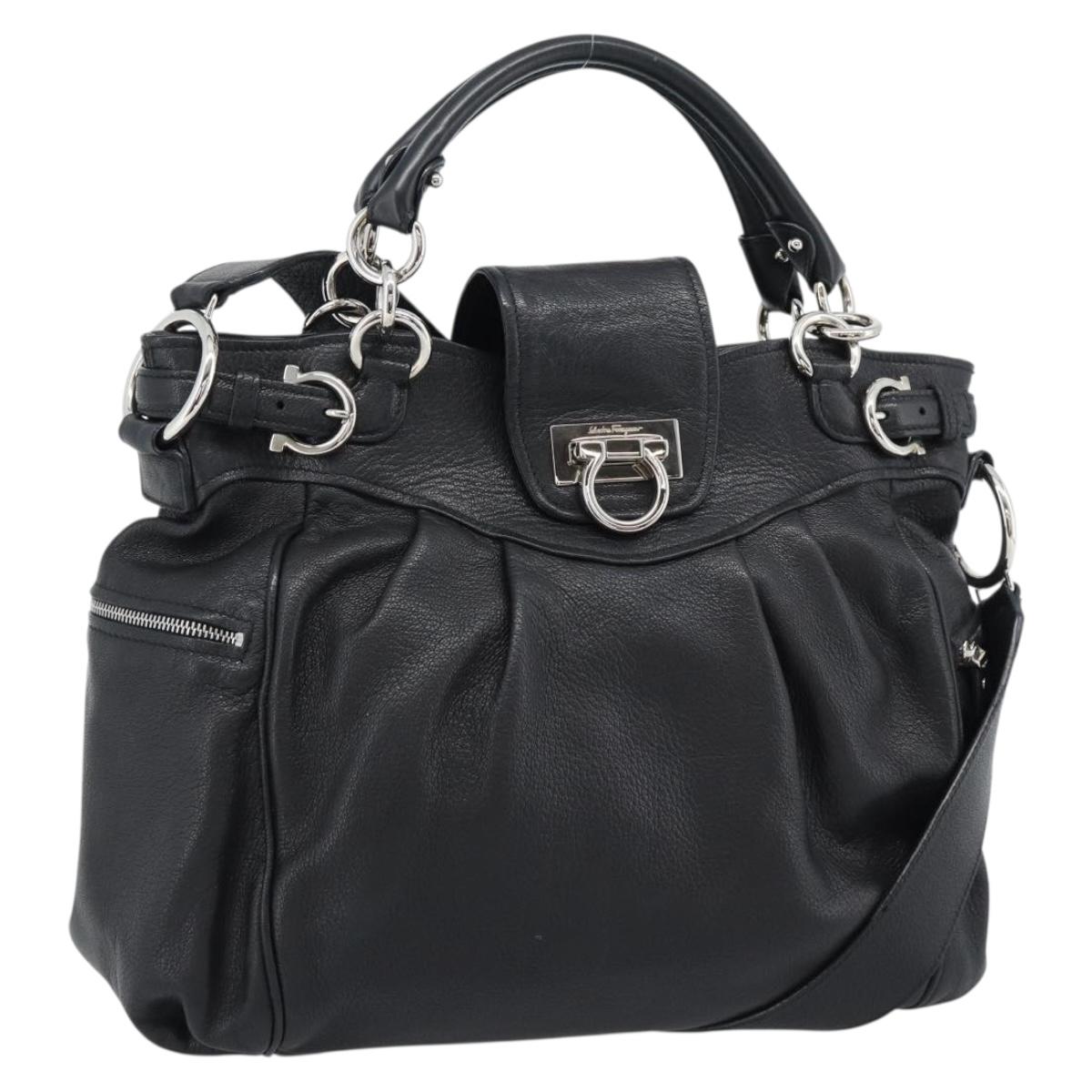 Salvatore Ferragamo Gancini Hand Bag Leather 2way Black Silver Auth 184865V