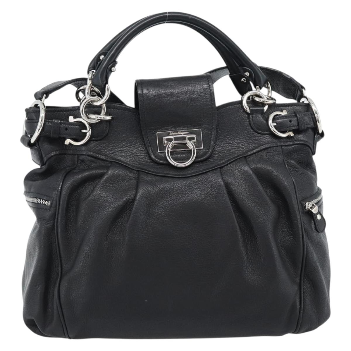 Salvatore Ferragamo Gancini Hand Bag Leather 2way Black Silver Auth 184865V