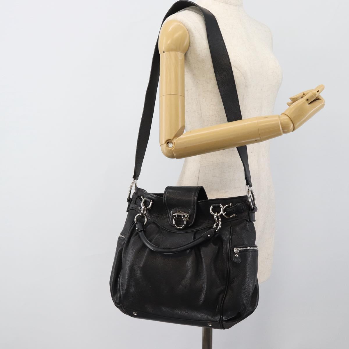 Salvatore Ferragamo Gancini Hand Bag Leather 2way Black Silver Auth 184865V