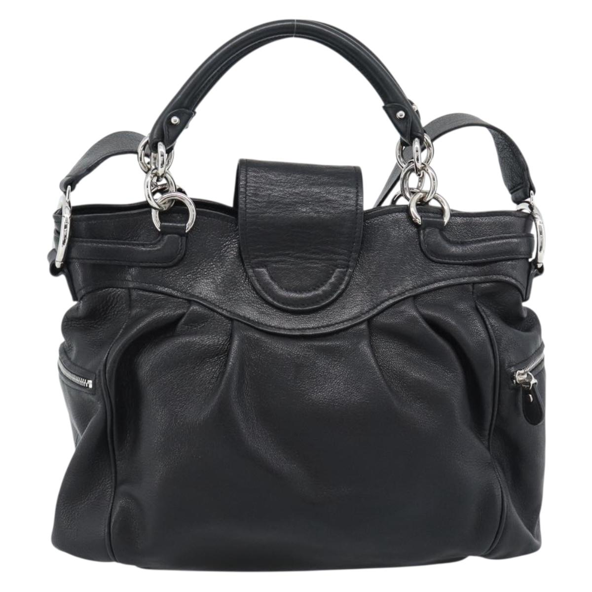 Salvatore Ferragamo Gancini Hand Bag Leather 2way Black Silver Auth 184865V