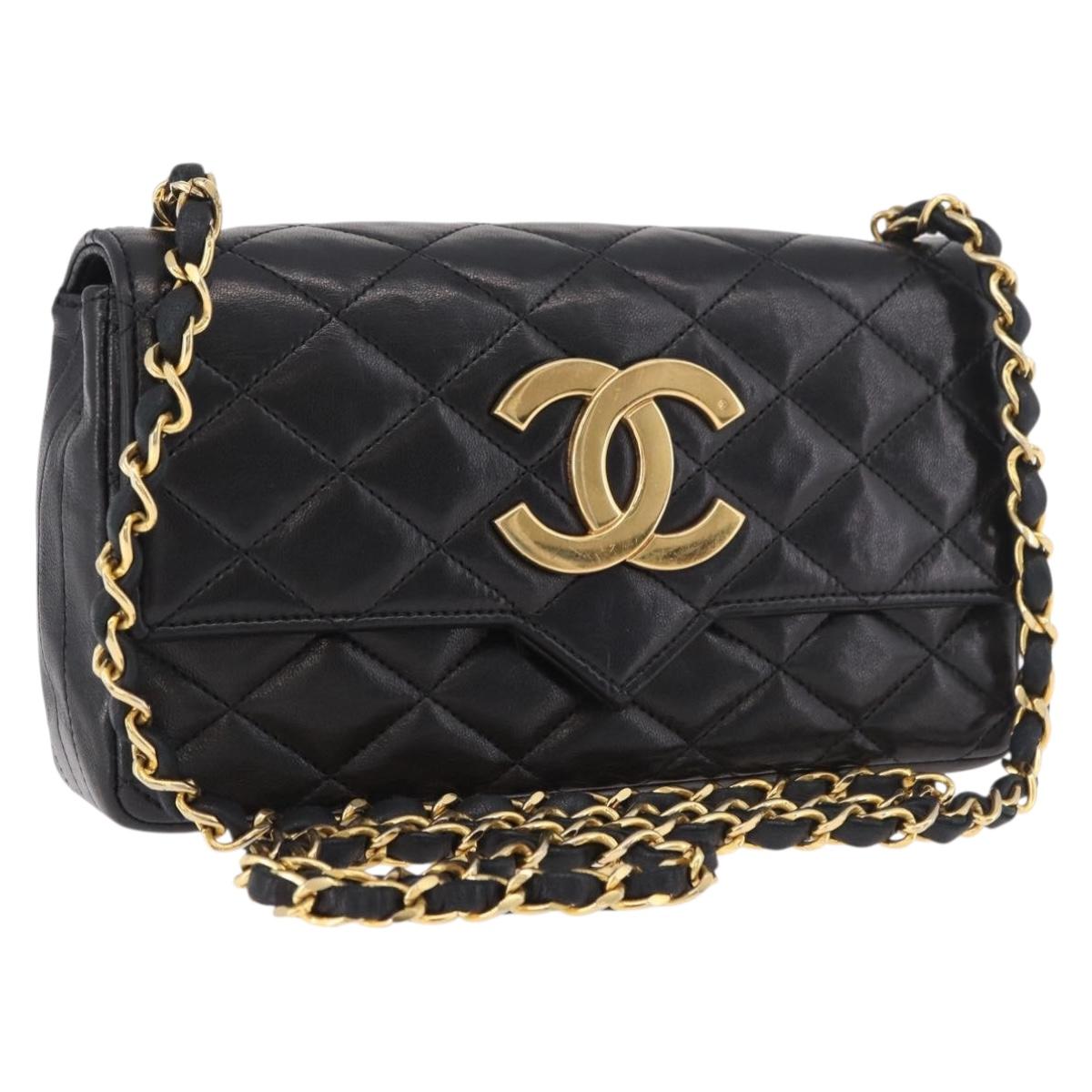 CHANEL Matelasse Chain Shoulder Bag Lamb Skin Black Gold CC Auth 184866M