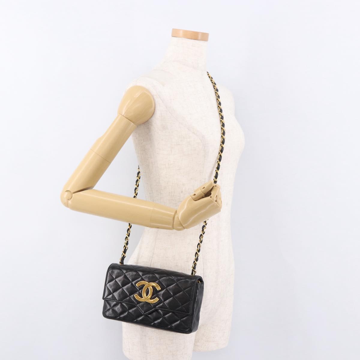 CHANEL Matelasse Chain Shoulder Bag Lamb Skin Black Gold CC Auth 184866M