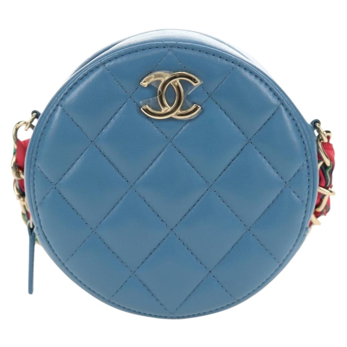 CHANEL Matelasse Chain Shoulder Bag Lamb Skin Light Blue Gold CC Auth 184868SM