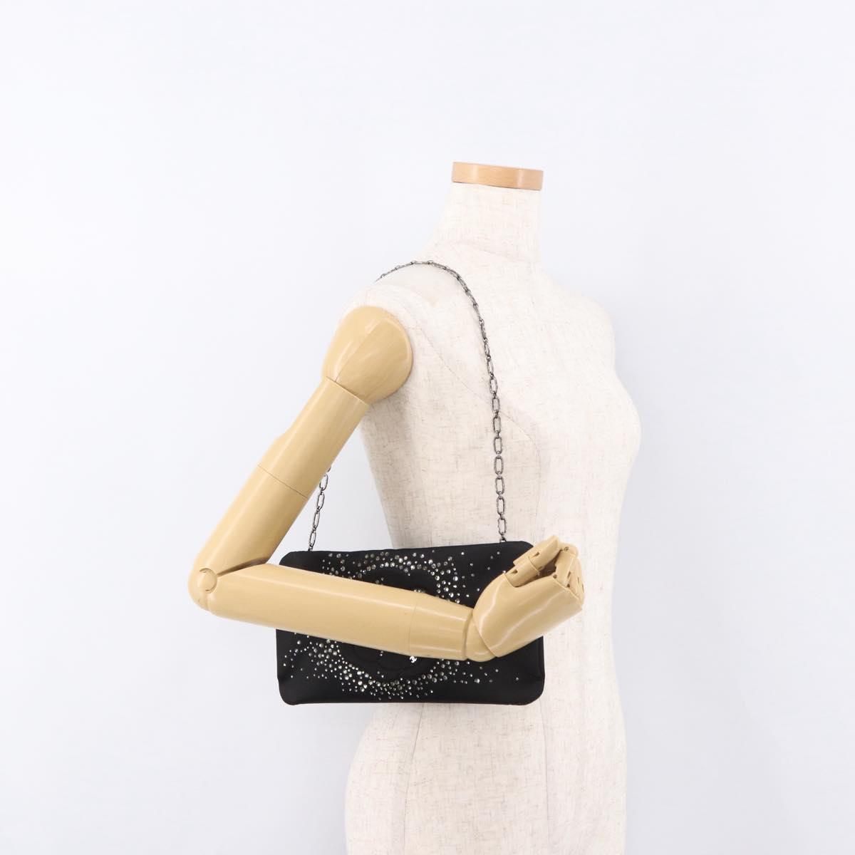 CHANEL Camelia Chain Shoulder Bag Satin Black Silver CC Auth 184869SM