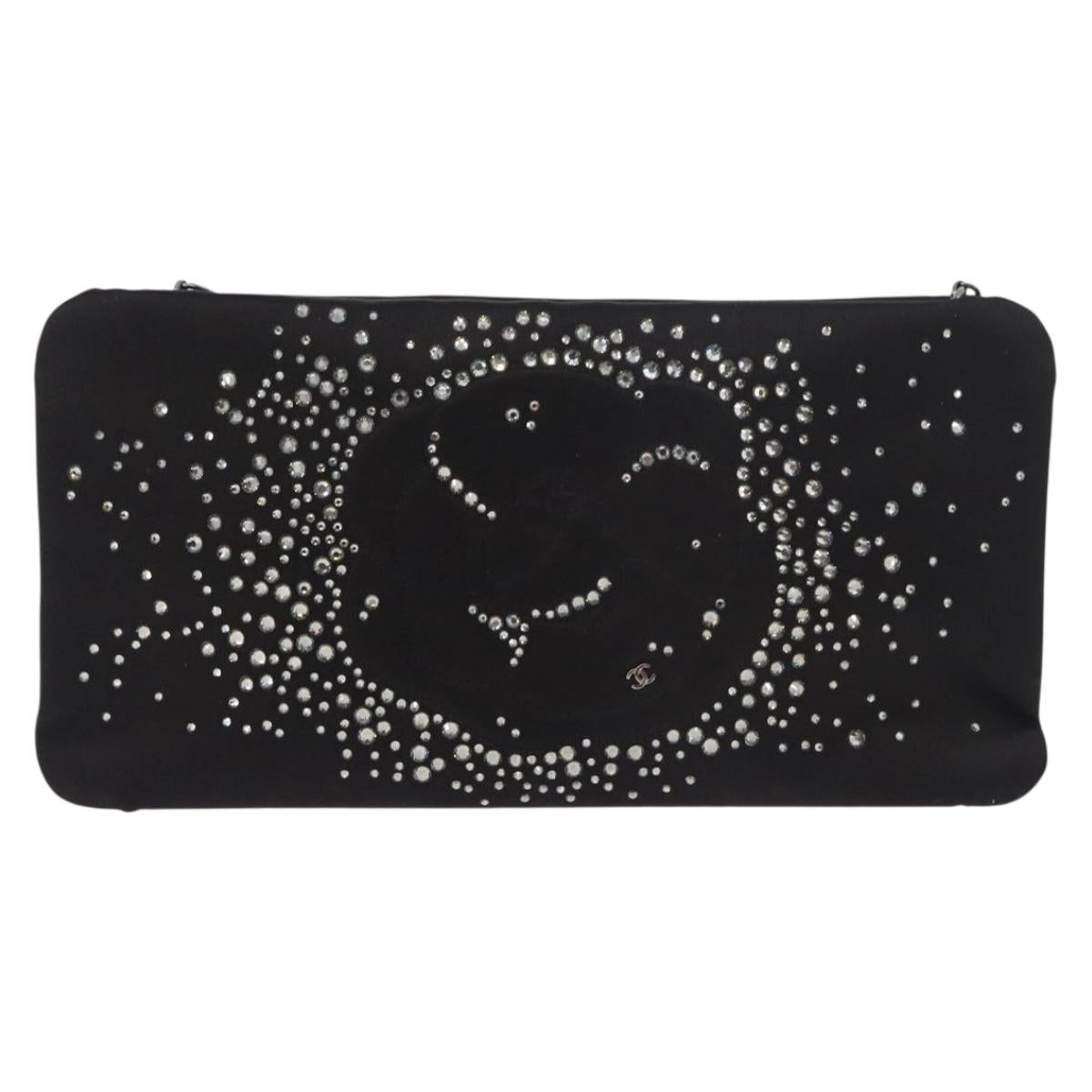 CHANEL Camelia Chain Shoulder Bag Satin Black Silver CC Auth 184869SM