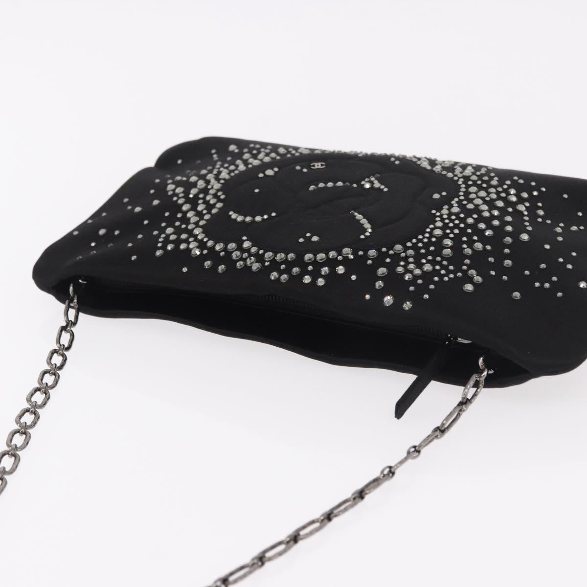CHANEL Camelia Chain Shoulder Bag Satin Black Silver CC Auth 184869SM