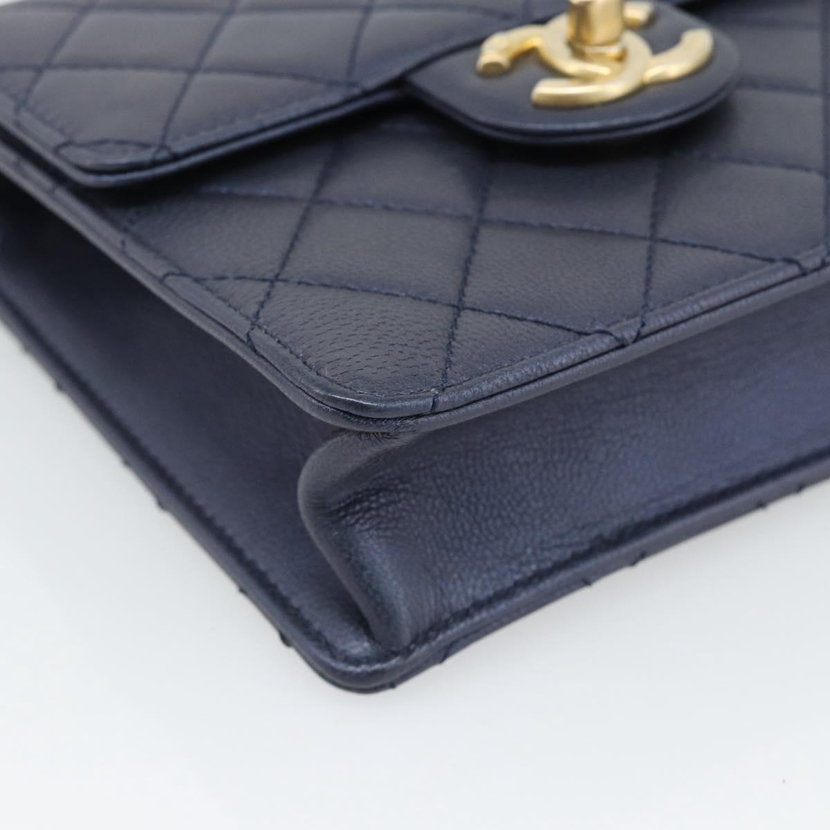 CHANEL Matelasse Shoulder Bag Lamb Skin Navy Gold CC Auth 184896SAM
