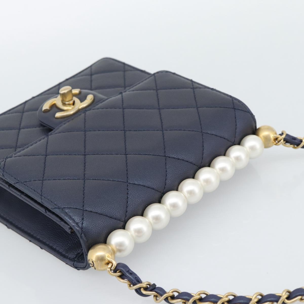 CHANEL Matelasse Shoulder Bag Lamb Skin Navy Gold CC Auth 184896SAM
