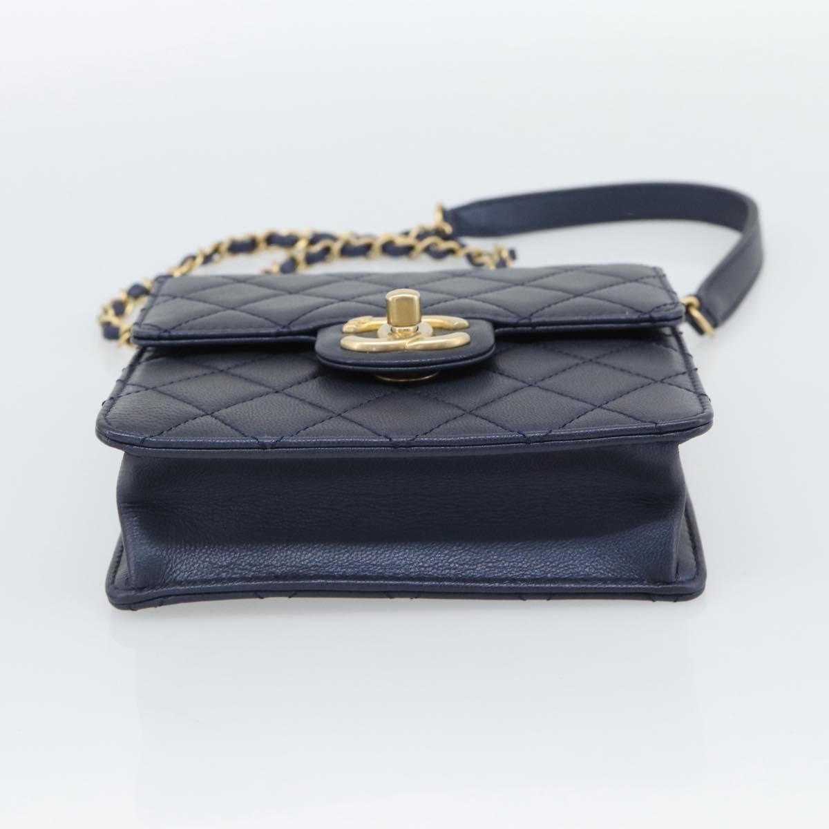 CHANEL Matelasse Shoulder Bag Lamb Skin Navy Gold CC Auth 184896SAM