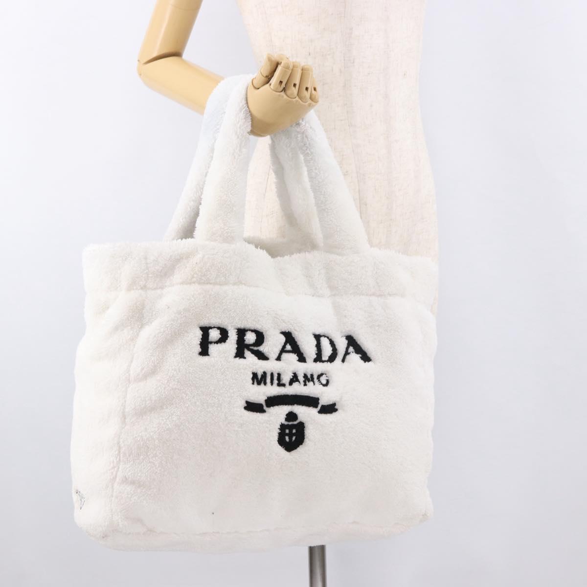 PRADA Tote Bag Pile White Silver Auth 184897V