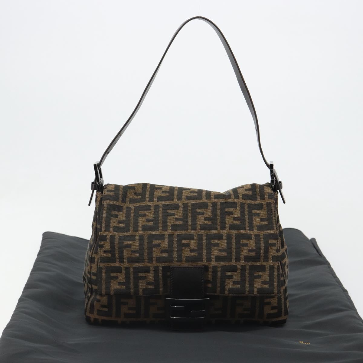 FENDI Zucca Canvas Mamma Baguette Shoulder Bag Black Brown Auth 184903SAM