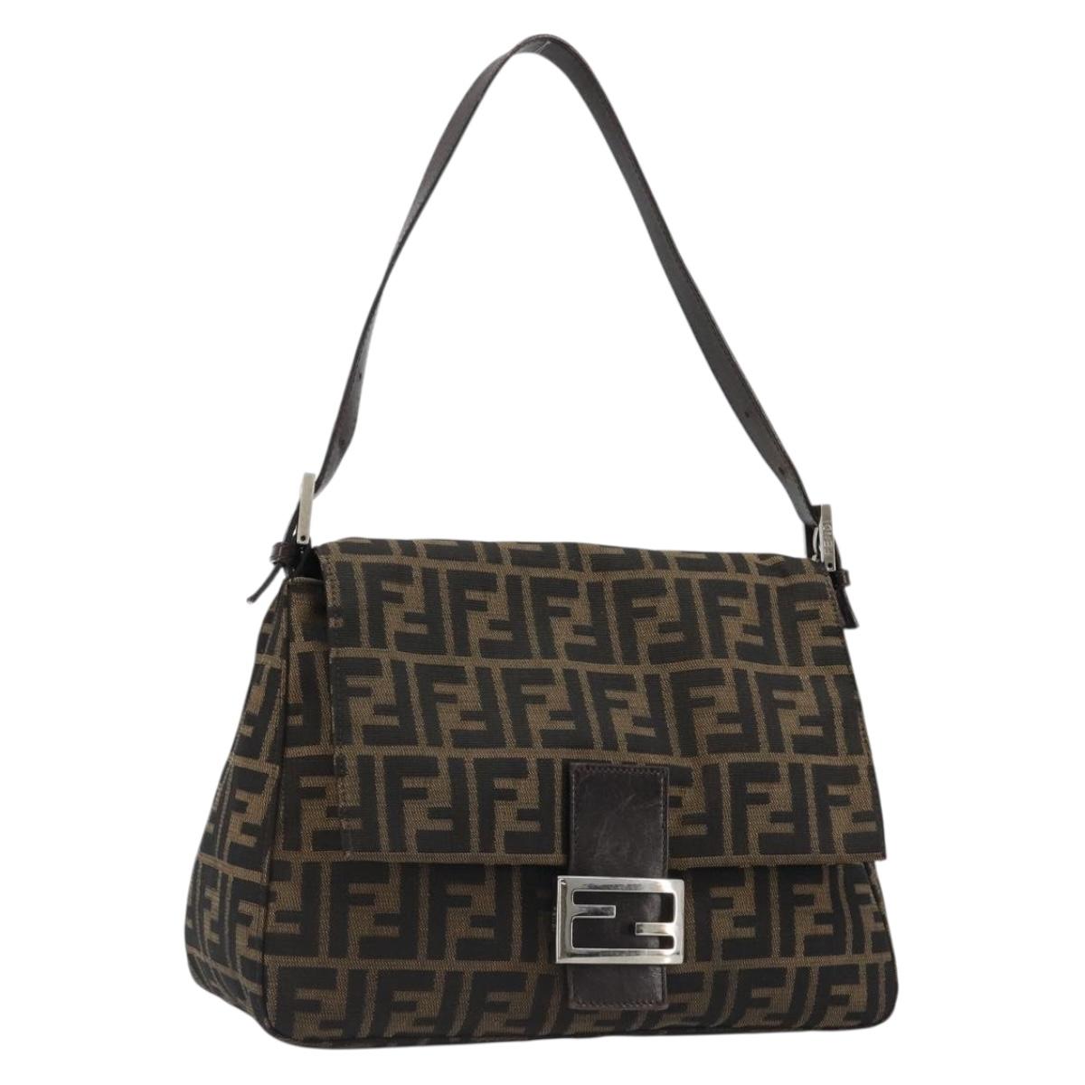 FENDI Zucca Canvas Mamma Baguette Shoulder Bag Black Brown Auth 184905SAM