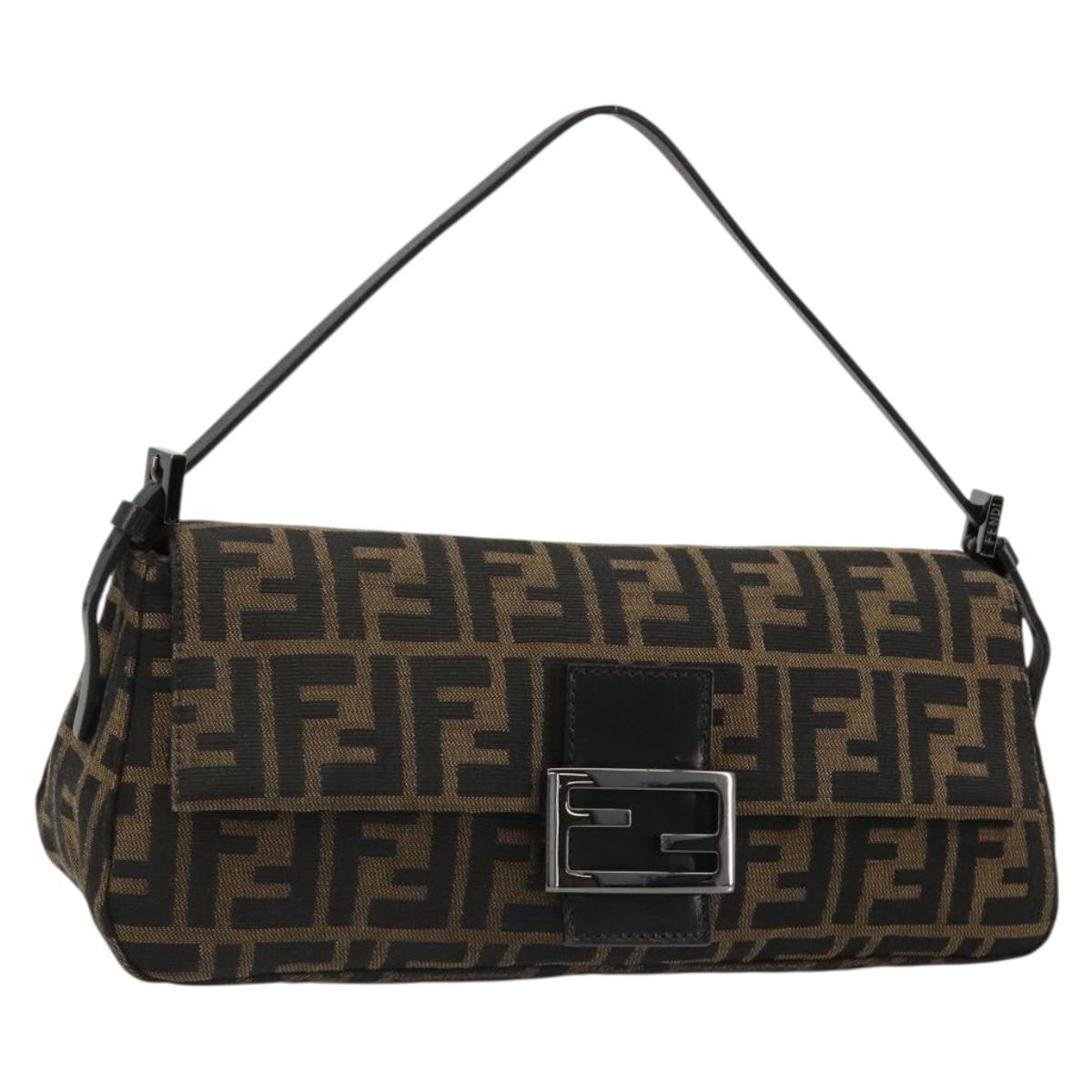 FENDI Zucca Canvas Mamma Baguette Shoulder Bag Black Brown Auth 184907SAM