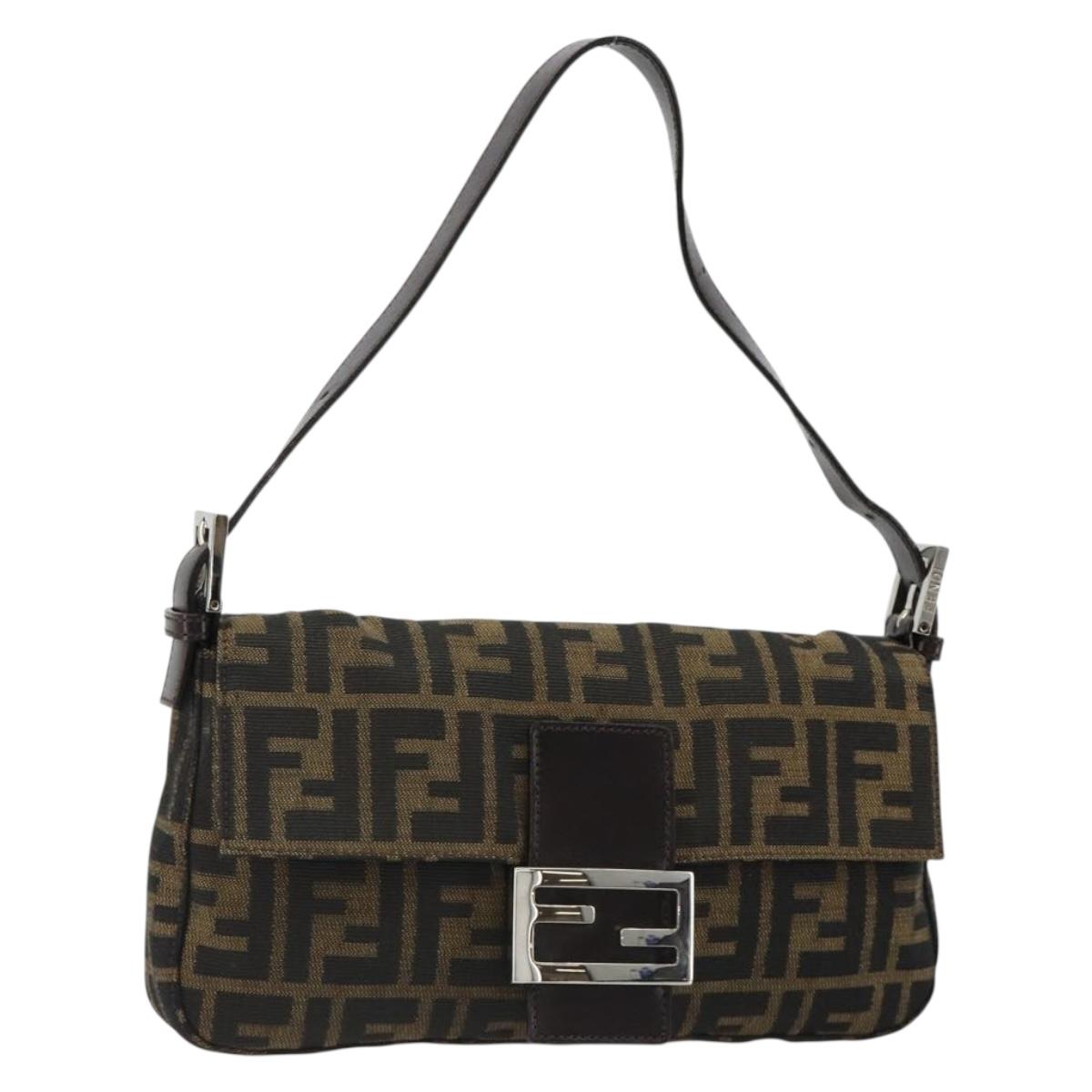 FENDI Zucca Canvas Mamma Baguette Shoulder Bag Black Brown Auth 184908SAM