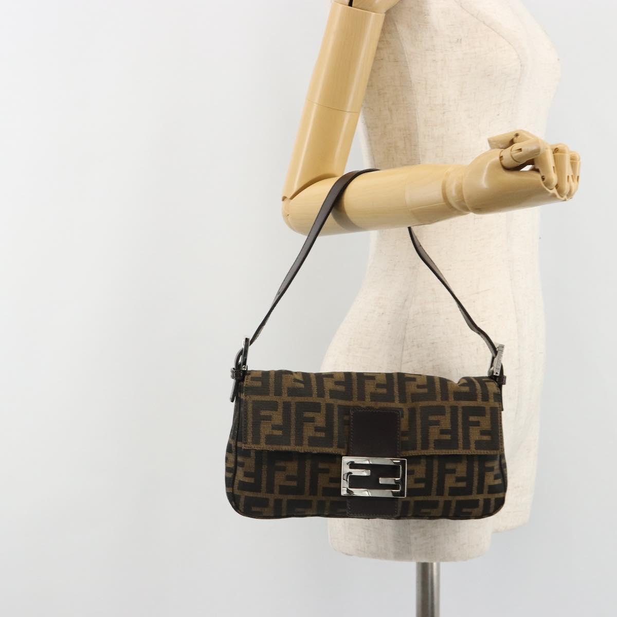 FENDI Zucca Canvas Mamma Baguette Shoulder Bag Black Brown Auth 184908SAM