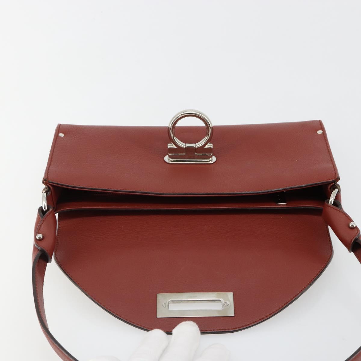 Salvatore Ferragamo Gancini Shoulder Bag Leather Brown Silver Auth 184909A