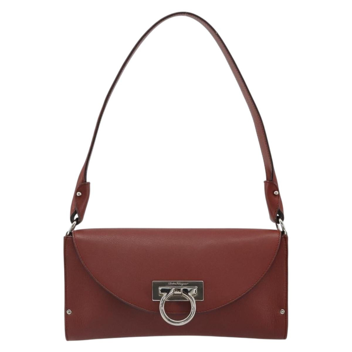 Salvatore Ferragamo Gancini Shoulder Bag Leather Brown Silver Auth 184909A