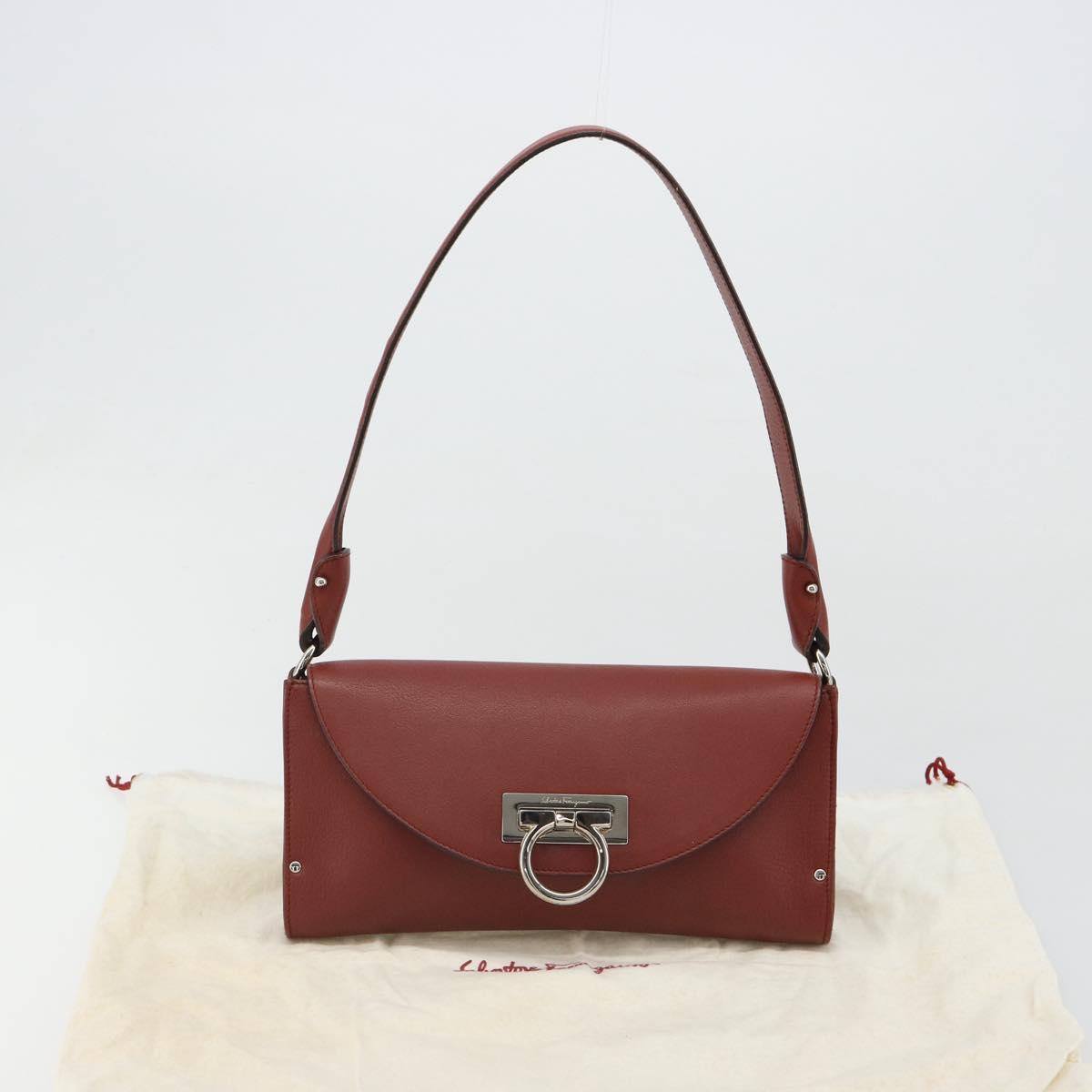 Salvatore Ferragamo Gancini Shoulder Bag Leather Brown Silver Auth 184909A