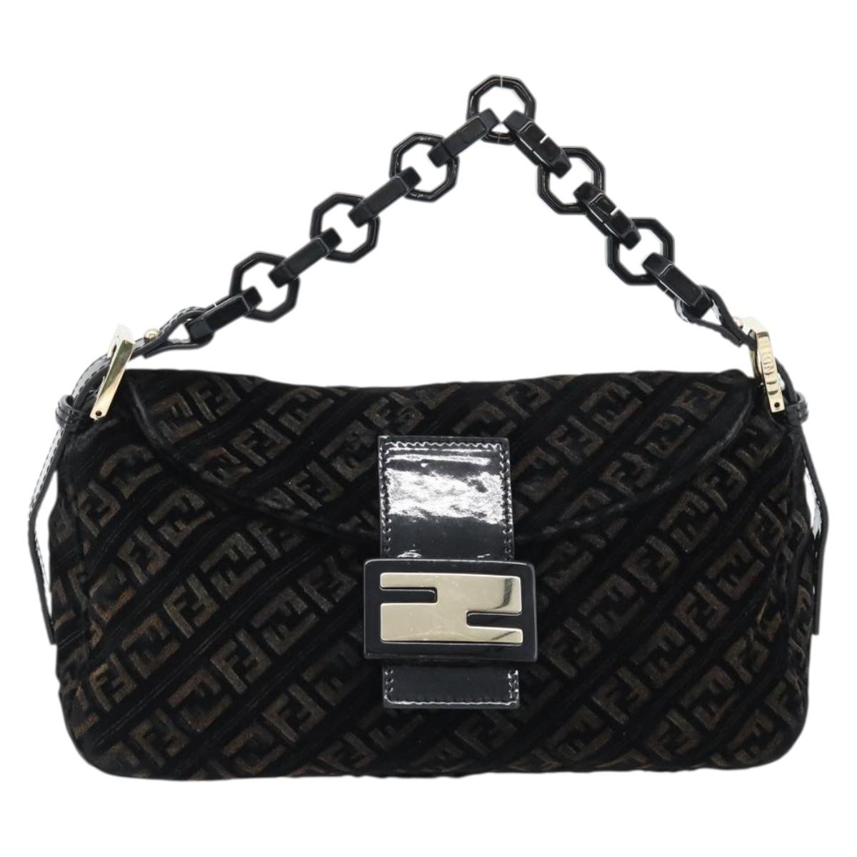 FENDI Zucchino Canvas Chain Mamma Baguette Bag Velor Black Gold Auth 184912