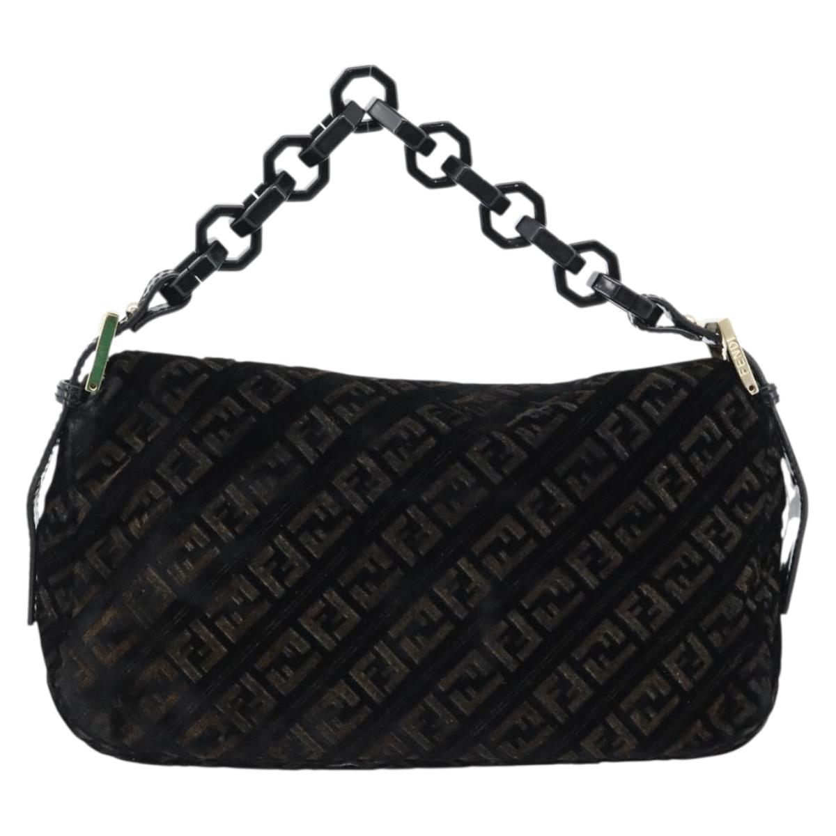 FENDI Zucchino Canvas Chain Mamma Baguette Bag Velor Black Gold Auth 184912