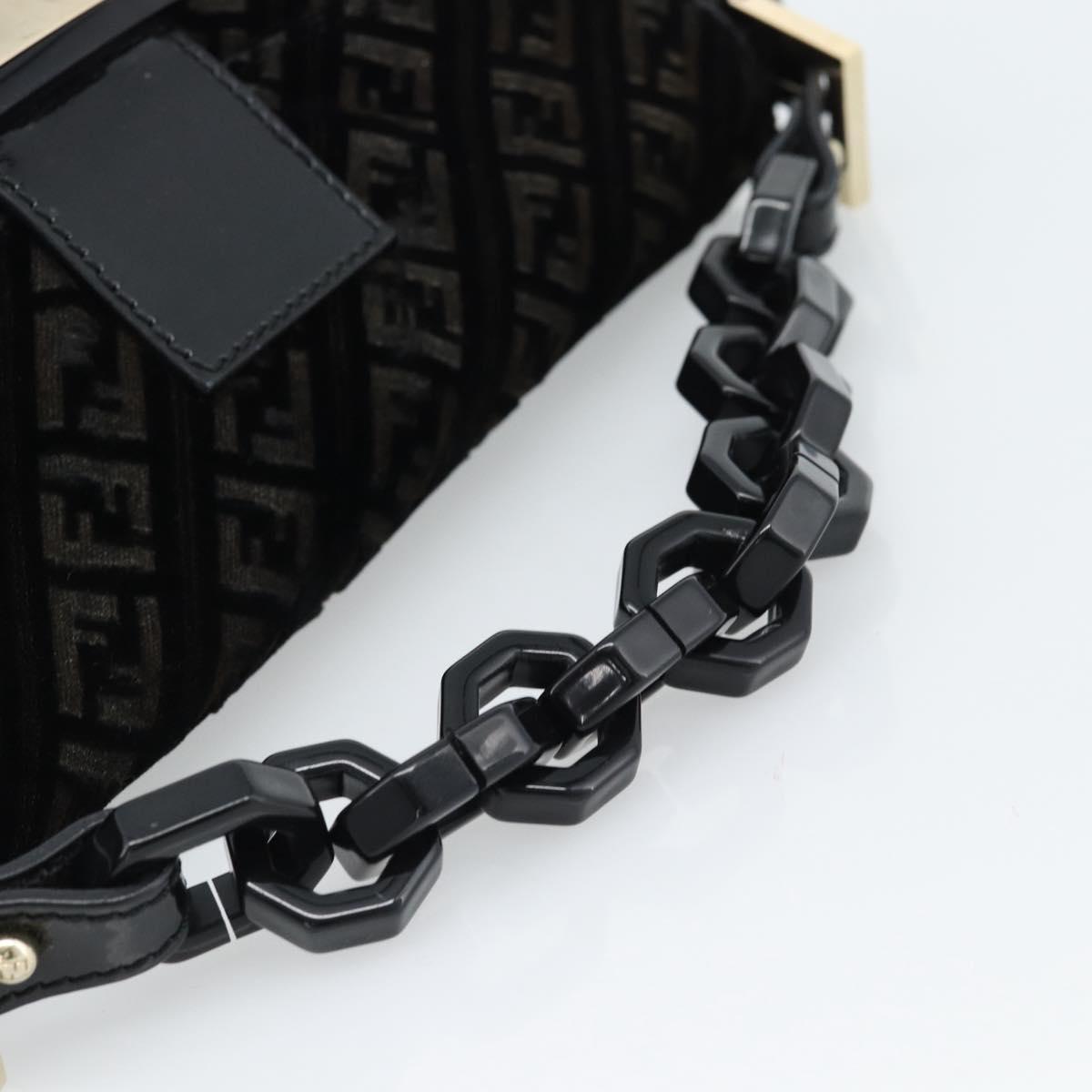 FENDI Zucchino Canvas Chain Mamma Baguette Bag Velor Black Gold Auth 184912