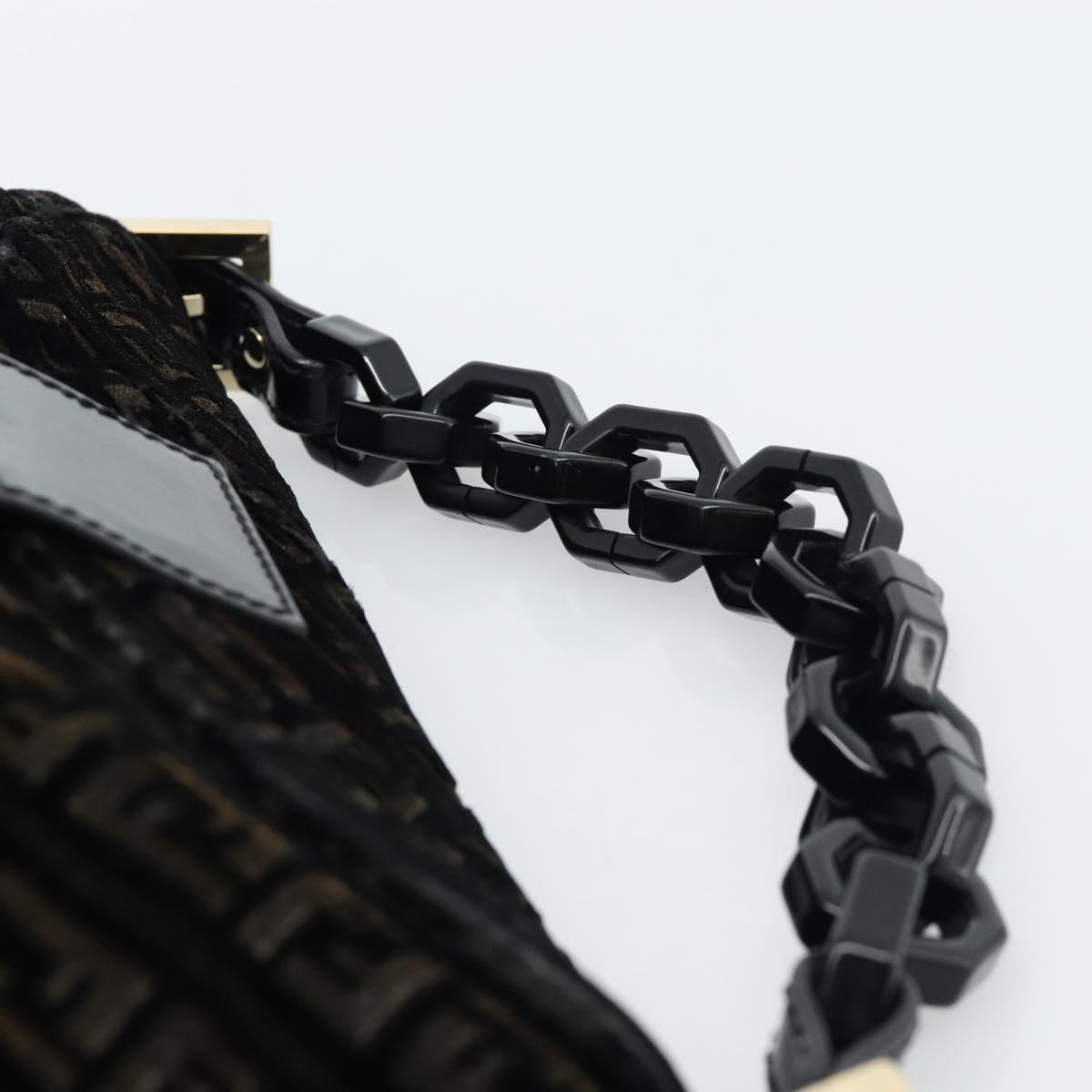 FENDI Zucchino Canvas Chain Mamma Baguette Bag Velor Black Gold Auth 184912