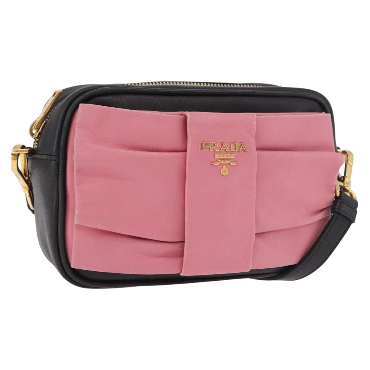 PRADA Ribbon Shoulder Bag Leather Black Gold Auth 184914A