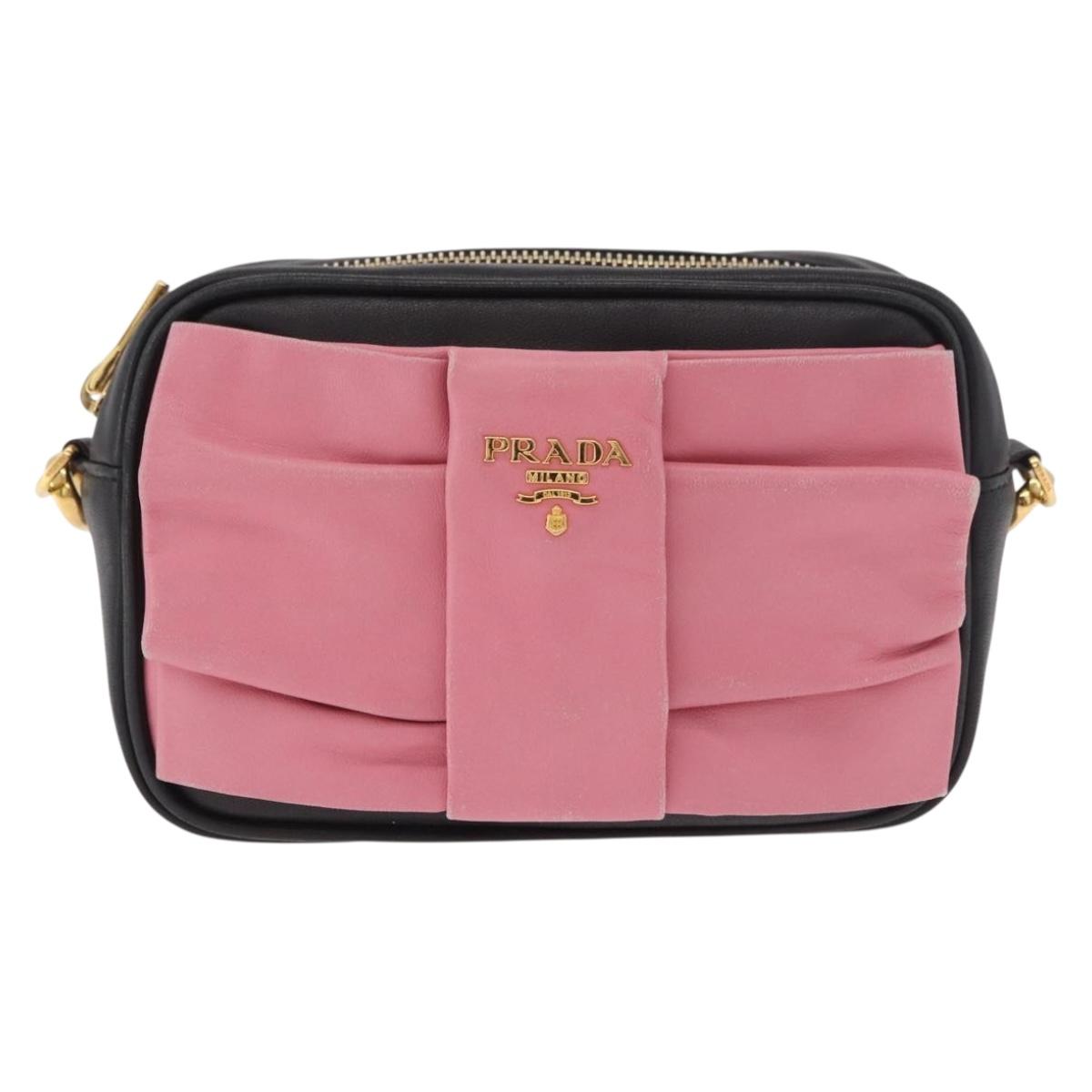 PRADA Ribbon Shoulder Bag Leather Black Gold Auth 184914A
